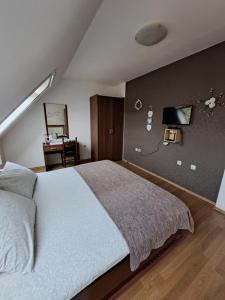 1 dormitorio con 1 cama grande y escritorio en Apartment Erika en Fužine