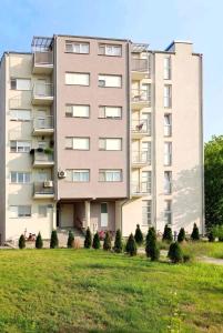 een groot appartementencomplex met een gazon ervoor bij Antik Apartman in Stara Pazova