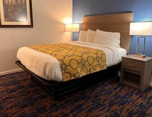 Baymont by Wyndham Indianapolis Northwest في انديانابوليس: غرفة فندقية بسرير كبير فيها مصباحين