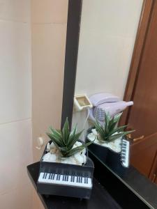 a desk with a phone and two plants on it at apartement Lac 2 in El Aouina