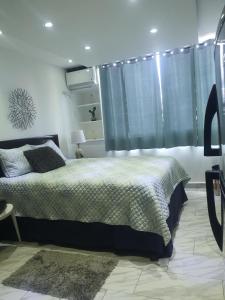 um quarto com uma cama e uma janela em Sea breeze vacation lll en Condominio Verde mar em San Juan