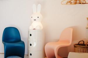 a room with a chair and a rabbit on a dresser at Premium Ferienhaus Das Farmhaus - Auf den Moselhöhen - Pool, Sauna, Kino, Garten in Lieg