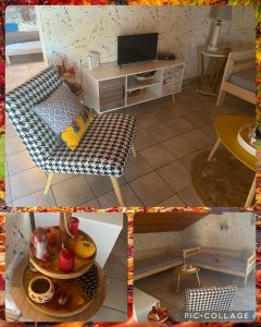 two pictures of a living room with a table and a tv at Stemicar dans les Landes in Lesperon