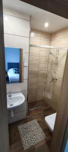 a bathroom with a sink and a shower and a mirror at Zakręt Solina BALIA RELAKS 537-791-246 in Solina +29 photos