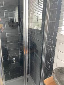 a shower with a glass door in a bathroom at Beautiful shepherd’s hut in Newmarket