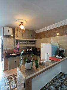 a kitchen with a counter top with a refrigerator at Maison Berj in Oualidia