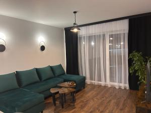 a living room with a green couch and a window at BoleslaviaApartments - Apartament Arte 2 - parking free, EV in Bolesławiec