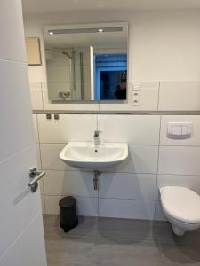 een badkamer met een wastafel, een toilet en een spiegel bij Home-for-you-Ferienwohnung Monteurwohnung in Buchen