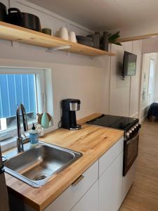 a kitchen with a sink and a counter top at The Big Bend Tiny Home in Perry