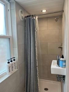 佩里的住宿－The Mockingbird Tiny Home，浴室配有淋浴帘和盥洗盆。
