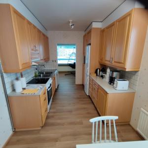 eine Küche mit Holzschränken, einer Spüle und einem Kühlschrank in der Unterkunft GREEN in Närpiö