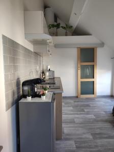 a kitchen with a counter in a room at L'escale CDG Astérix Park d'exposition in Louvres