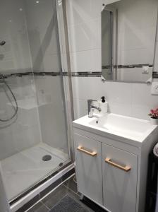 ein weißes Bad mit einem Waschbecken und einer Dusche in der Unterkunft L'escale CDG Astérix Park d'exposition in Louvres