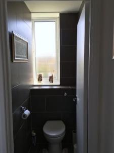 a bathroom with a toilet and a window at Spacious 2 Bed Elstree Borehamwood Hertfordshire in Elstree