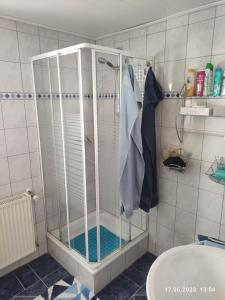 een douche met een glazen deur in de badkamer bij Ferienwohnung Mitwitz Kronach Neustadt Coburg - Erholung, Wandern uvm. sehr ruhig gelegen in Mitwitz