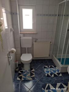 een badkamer met een toilet, een raam en een douche bij Ferienwohnung Mitwitz Kronach Neustadt Coburg - Erholung, Wandern uvm. sehr ruhig gelegen in Mitwitz