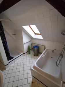 a bathroom with a tub and a skylight at Schwert Apartment Verden in Verden