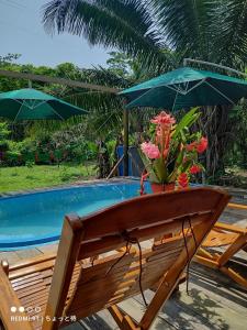a bench with flowers and an umbrella next to a pool at CHOMI HOUSE TAMBOPATA in Puerto Maldonado