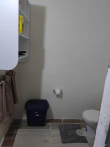 a bathroom with a toilet and a blue trash can at The Ultimate Escape in Soufrière