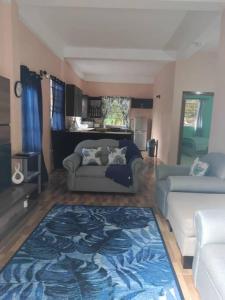 ein Wohnzimmer mit 2 Sofas und einem blauen Teppich in der Unterkunft The Ultimate Escape in Soufrière