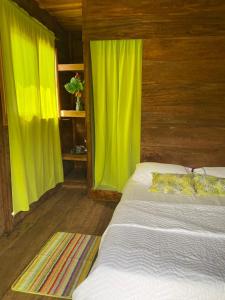 1 dormitorio con 1 cama con cortina verde en Hostal velero relax en Santa Marta