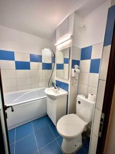 La salle de bains bleue et blanche est pourvue de toilettes et d'un lavabo. dans l'établissement CATALIN HOUSE, à Brăila