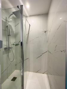 La salle de bains est pourvue d'une douche avec une porte en verre. dans l'établissement Los Angeles, à Villeurbanne