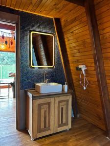 a bathroom with a sink and a mirror at Doa Bungalov & Tiny House in Sapanca