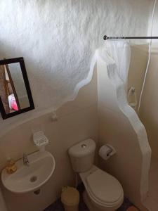 a small bathroom with a toilet and a sink at Pinar del Rio Eco Habitación Madera in San Agustín