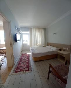 a bedroom with a bed and a window and a rug at Hotel Anadolu in Finike