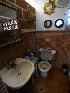 ein Badezimmer mit einem Waschbecken, einem WC und einem Spiegel in der Unterkunft Finca con forma de castillo y piscina en Sopetrán in Sopetran