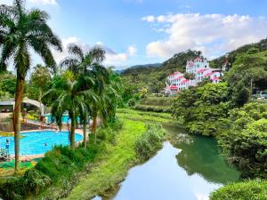 uma piscina ao lado de um rio com palmeiras em Uni-Resort Mawutu em Guanxi