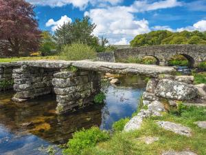 un viejo puente de piedra sobre un arroyo en un parque en The Old Buttery en Chulmleigh