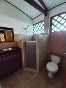 a bathroom with a toilet and a shower and a sink at Pagalù Hostel in Puerto Viejo