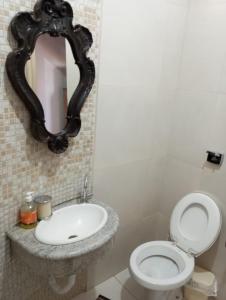 a bathroom with a sink and a toilet and a mirror at Mini Casa Furnas - Capitólio MG in São José da Barra