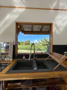 a kitchen with a sink and a window at TINY HOUSE avec vues in Capesterre-Belle-Eau
