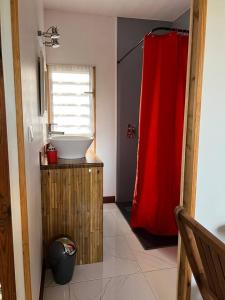 baño con lavabo y cortina de ducha roja en TINY HOUSE avec vues en Capesterre-Belle-Eau