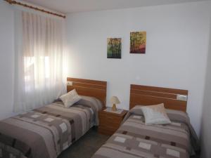 1 dormitorio con 2 camas y ventana en Apartamentos Casa Borja, en Salinas de Bielsa