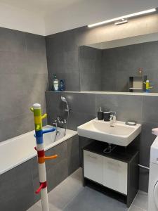 a bathroom with a sink and a bat at Y&Y apartments in Bratislava