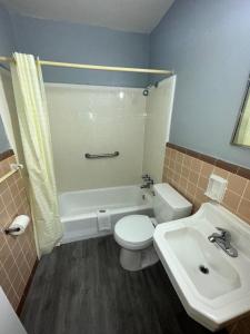 La salle de bains est pourvue de toilettes blanches et d'un lavabo. dans l'établissement Reed Motel Nashville, à Nashville