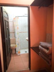 a bathroom with a toilet and a shower with a door at Hostal Juanita in Vallegrande
