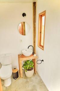 a bathroom with a toilet and a sink and a mirror at FARMGLAMP in Balneario Buenos Aires