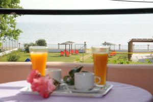 two drinks on a table with a view of the ocean at Biscoutsis Apartments & Studios in Kavos