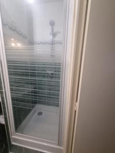La salle de bains est pourvue d'une douche avec une porte en verre. dans l'établissement F2 proche de La Defense, à Courbevoie