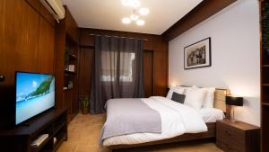 a bedroom with a bed and a flat screen tv at Quiet City Center Apt on a Pedestrian Street in Athens