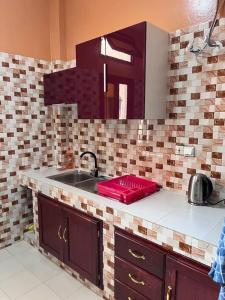 a kitchen counter with a sink and a mirror at Appartement Spacieux chez Keur Matou - F2 Dakar in Dakar