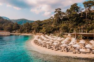 a group of beach chairs and umbrellas on a beach at Gizz Suites in Fethiye