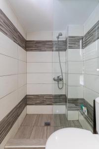 La salle de bains est pourvue d'une douche avec une porte en verre. dans l'établissement Stavroula's House City Center, Penthouse, à Thessalonique