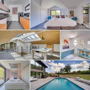 eine Sammlung von Fotos mit einem Haus und einem Pool in der Unterkunft Villa La Forêt • Piscine Parking & Wi-Fi in Sainte-Eulalie