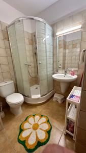 uma casa de banho com um chuveiro, um WC e um lavatório. em Pitypang Apartman*** em Zalakaros